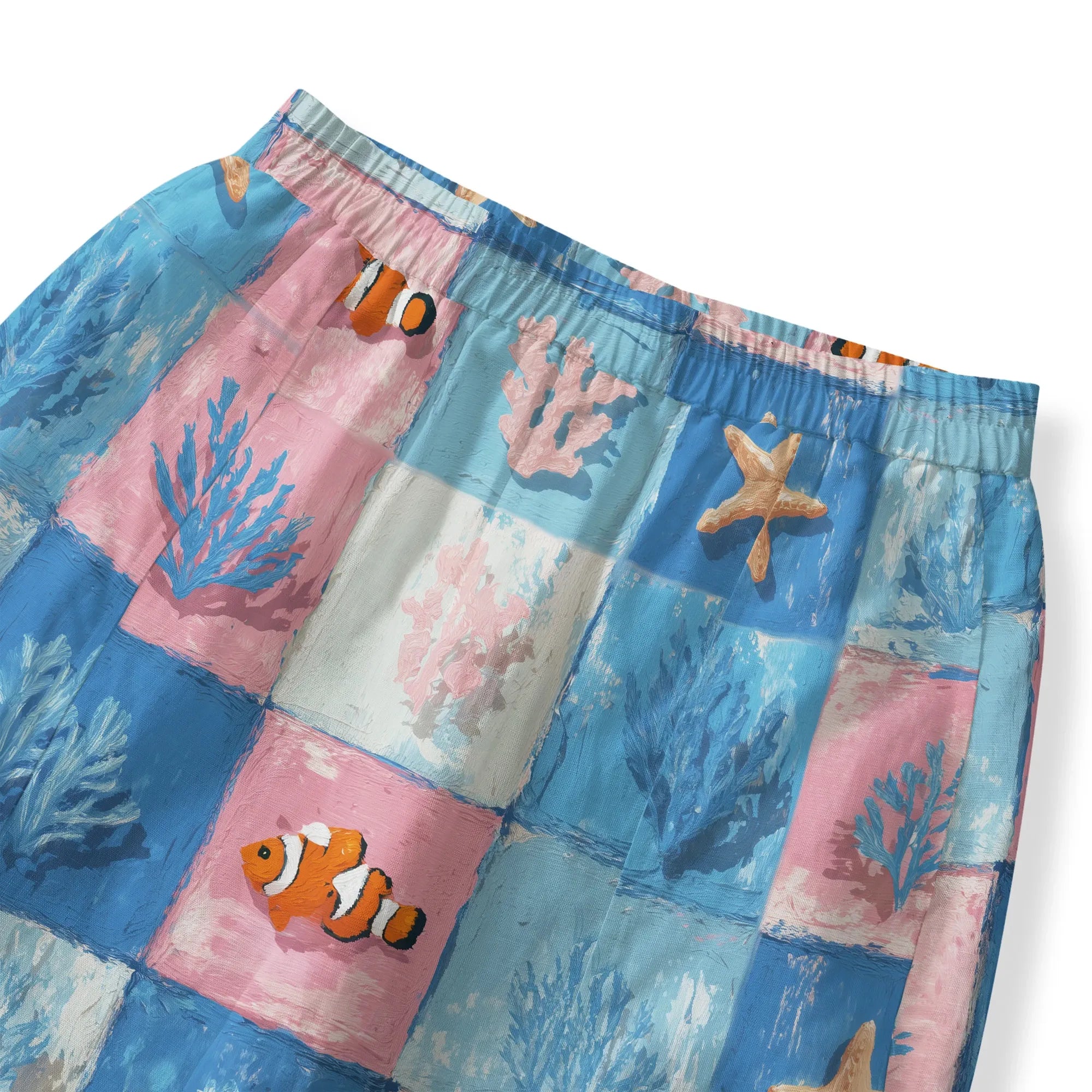 Side view of Blue Aloha Oceanic Chessboard Women's Ankle Pants