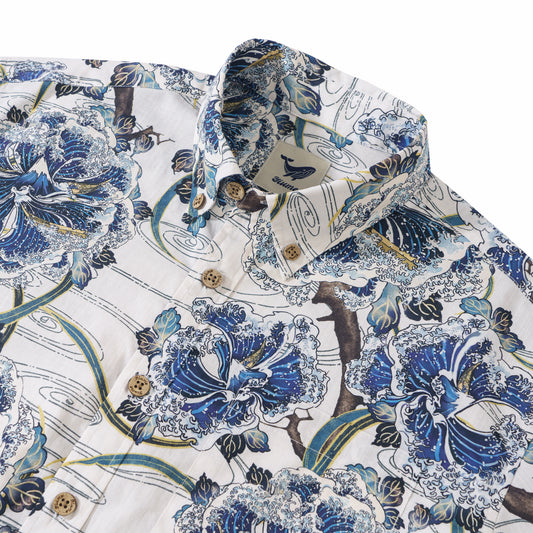 Ozeanwellen auf Ästen 100% Baumwolle Herren Kurzarm Hemd mit Knopfleiste und Kragen Weiß Aloha Hawaiian