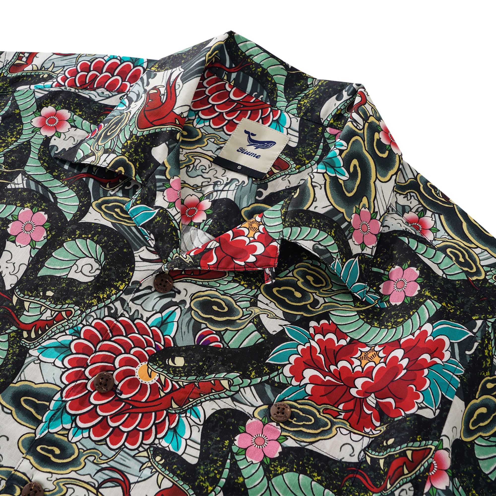 Men's Hawaiian Shirt Short Sleeve Camp Collar 100% Cotton Green Aloha Ocean Serpent Art Print