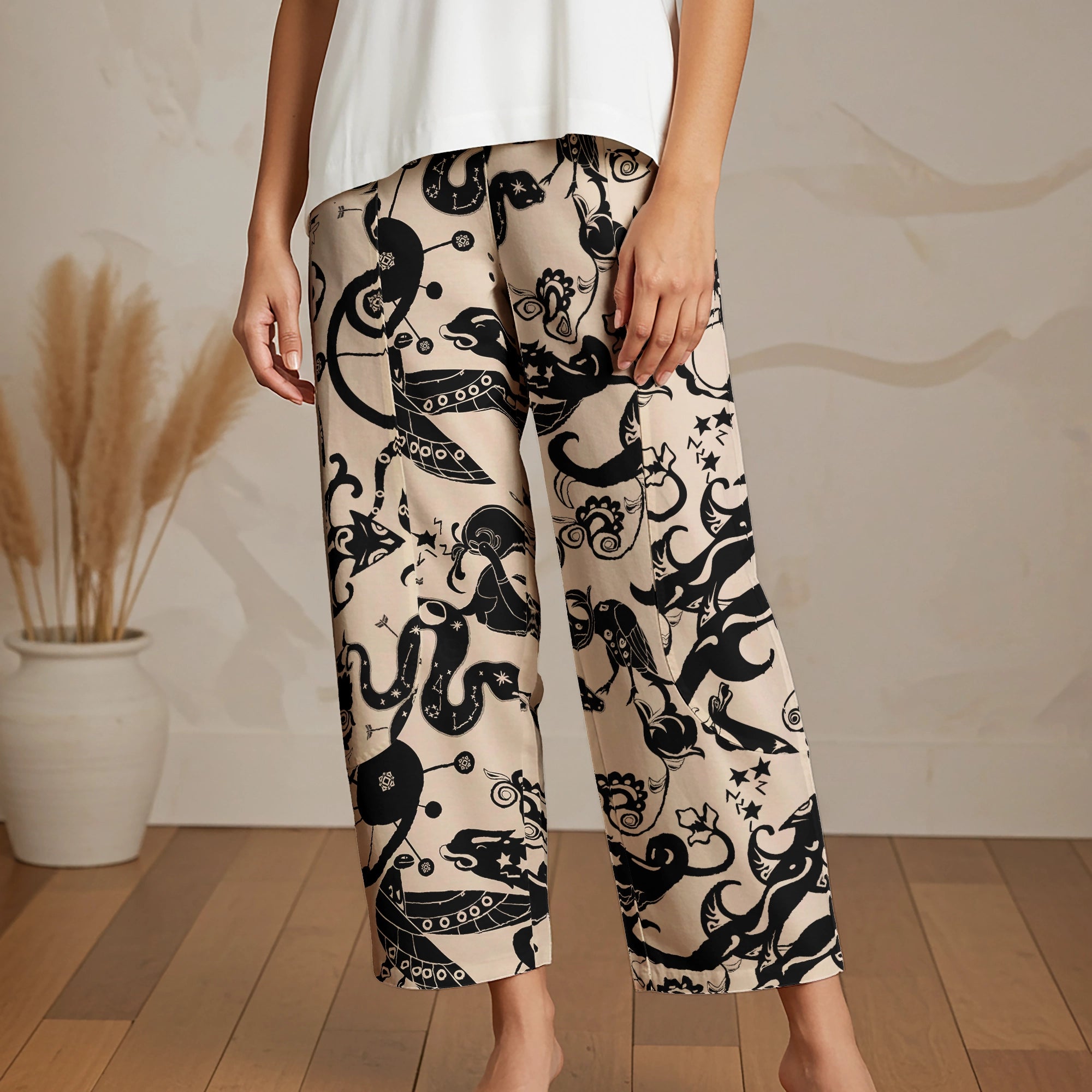 Women Casual Ankle Pants Lounge Elastic Waist with Pockets 93% Lyocell, 7% Linen Black Aloha Mystical Star Trails