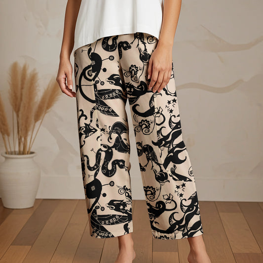 Women Casual Ankle Pants Lounge Elastic Waist with Pockets 93% Lyocell, 7% Linen Black Aloha Mystical Star Trails
