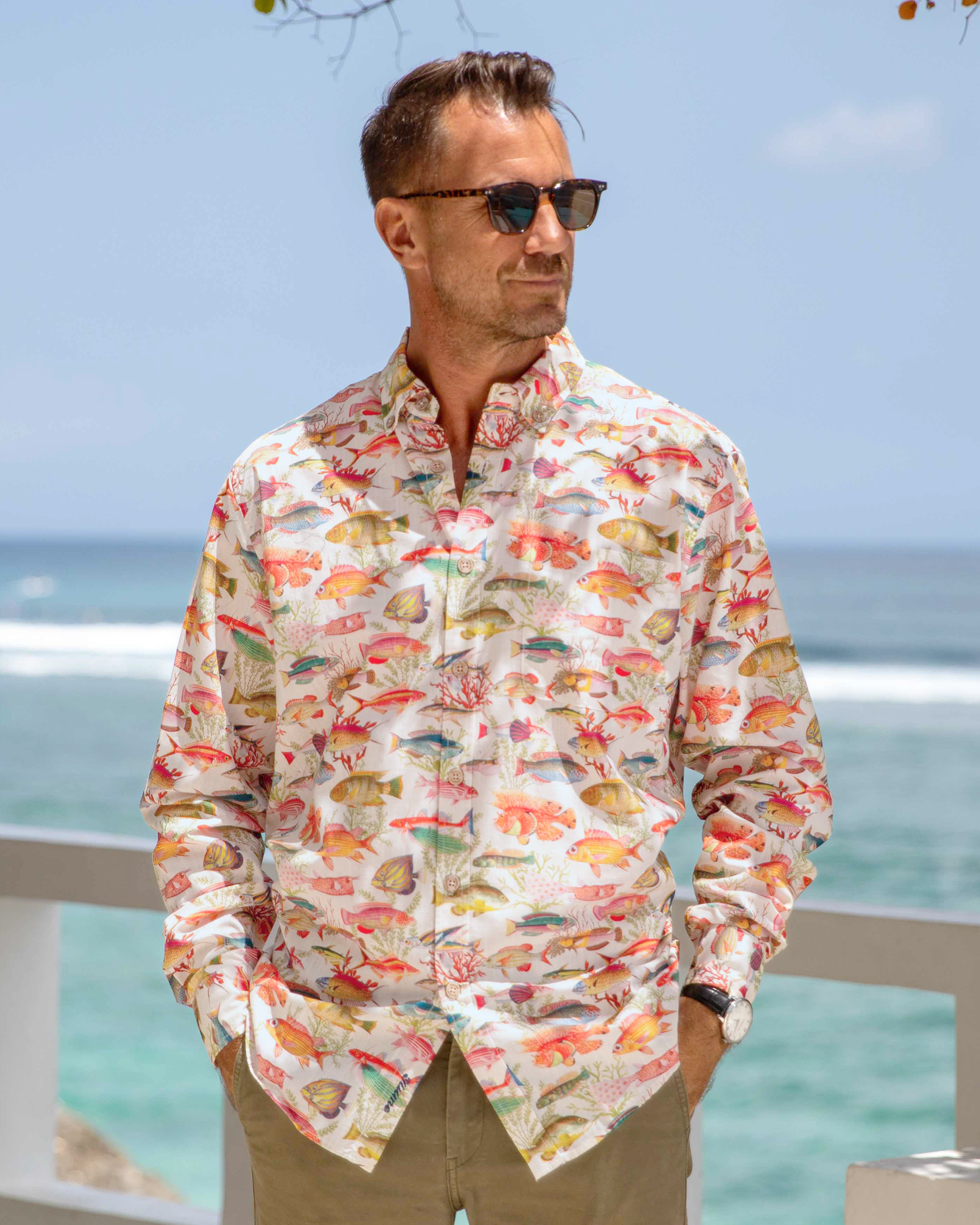 Chemise hawaïenne pour homme Imprimé poisson océan mer en coton à boutons, manches longues, style Aloha
