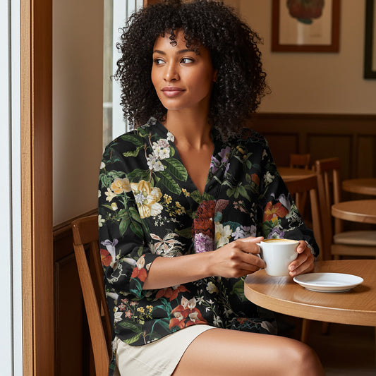 Women Casual Blouse 3/4 Sleeve V-neck Shirt Collar 95% Lyocell, 5% Linen Black Aloha Night Banquet Blossoms