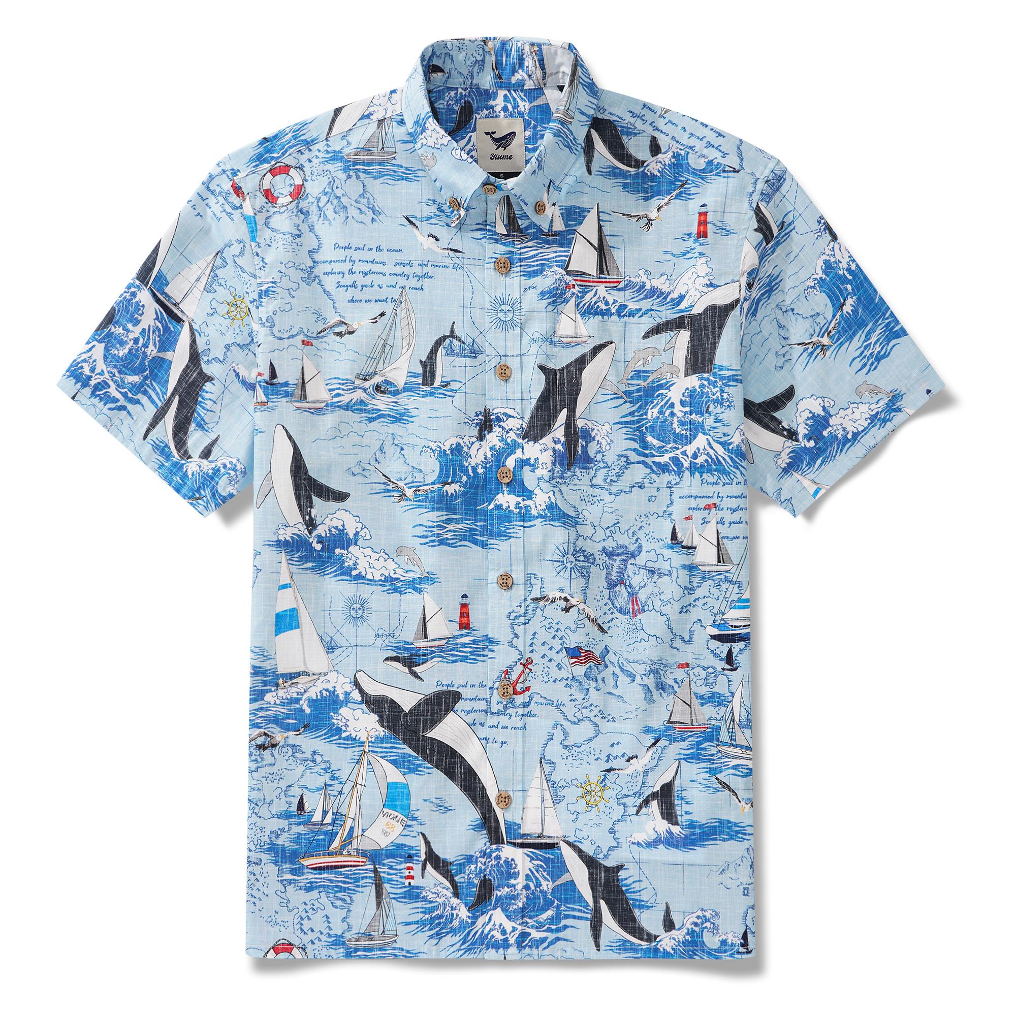 Men's Hawaiian Shirt Short Sleeve Button-down 100% Cotton White Aloha Joyful Ocean