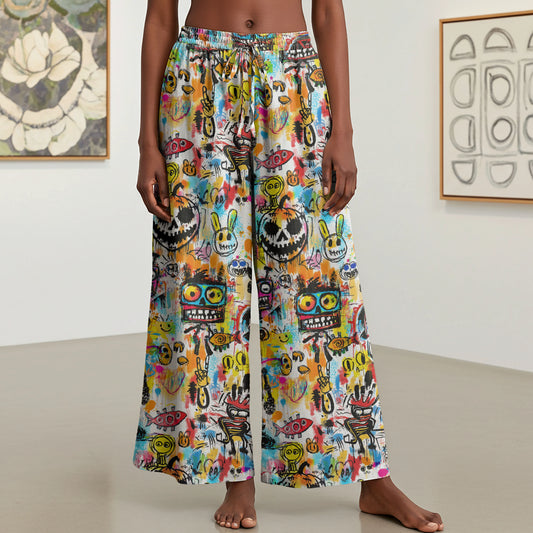Women Casual Pants Lounge Elastic Waist Drawstring with Pockets 93% Lyocell, 7% Linen White Aloha Graffiti Madness Party