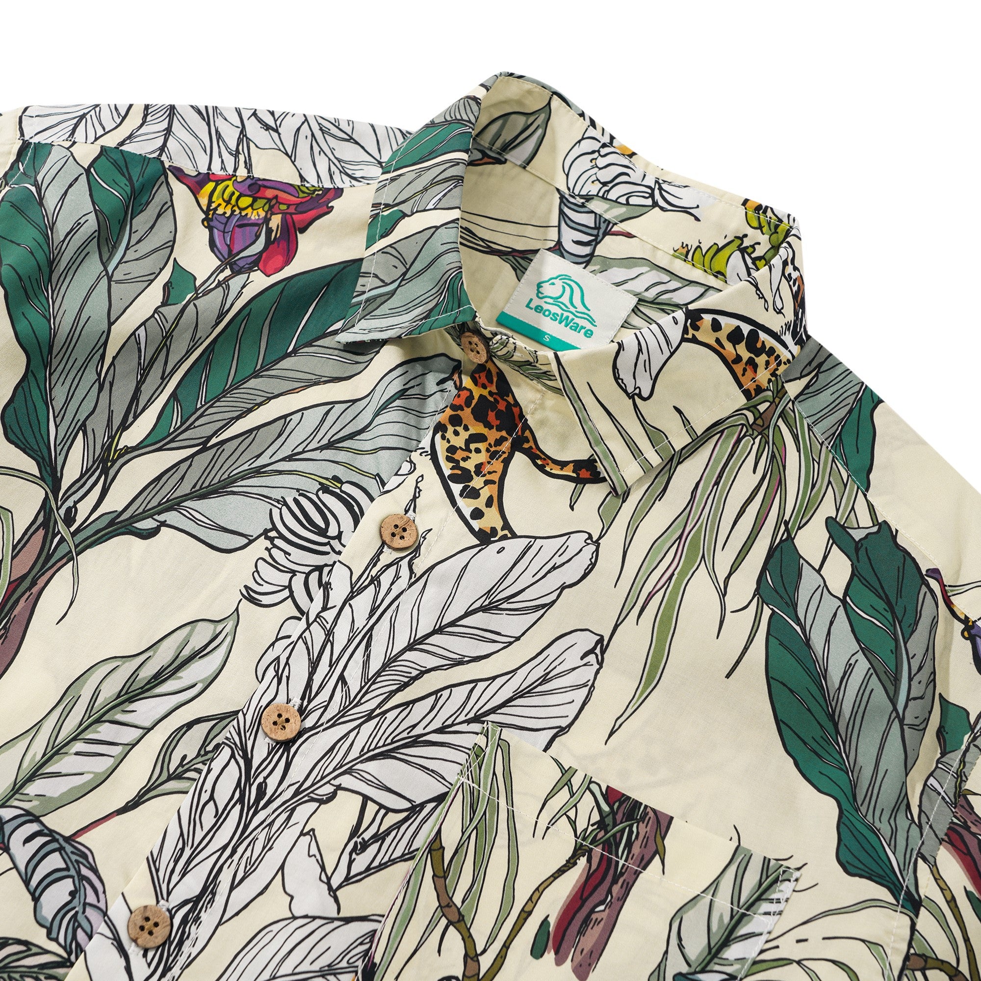 LeosWare® Men's Hawaiian Shirt Short Sleeve Button-up 100% Cotton Beige Aloha Tropical Jungle Wildness Painting