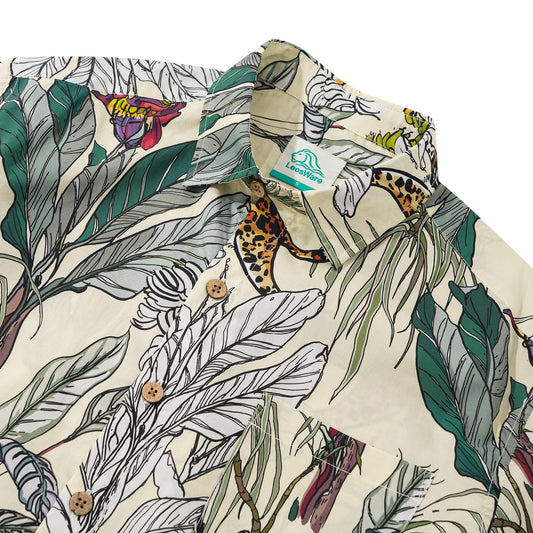 LeosWare® Men's Hawaiian Shirt Short Sleeve Button-up 100% Cotton Beige Aloha Tropical Jungle Wildness Painting