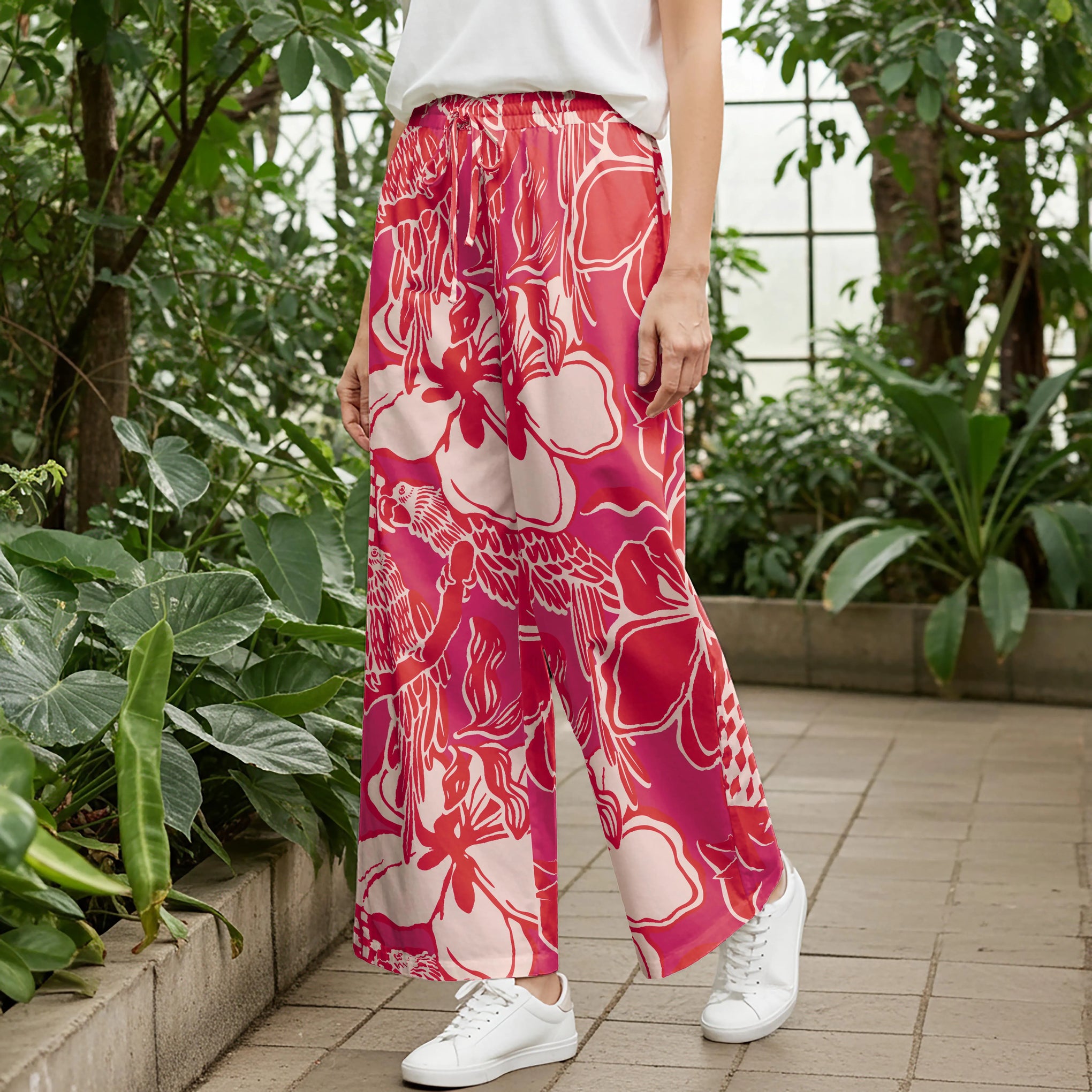 Women Casual Pants Lounge Elastic Waist Drawstring with Pockets 93% Lyocell, 7% Linen Aloha Vibrant Tropical Flowers And Birds