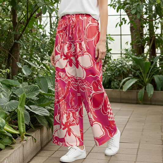 Women Casual Pants Lounge Elastic Waist Drawstring with Pockets 93% Lyocell, 7% Linen Aloha Vibrant Tropical Flowers And Birds
