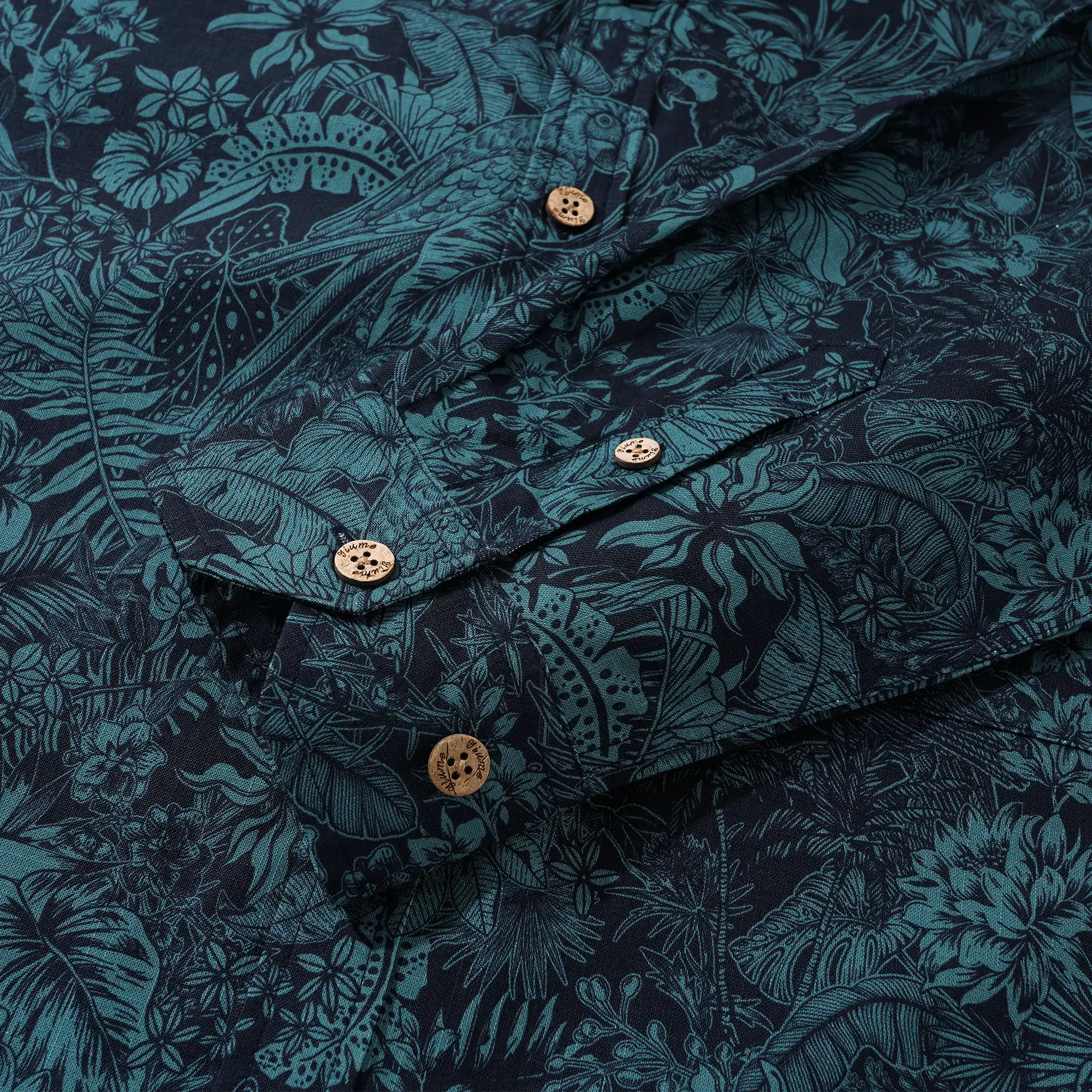 Men's Hawaiian Shirt Long Sleeve Button-down 100% Cotton Green Aloha Tropical Jungle Charm