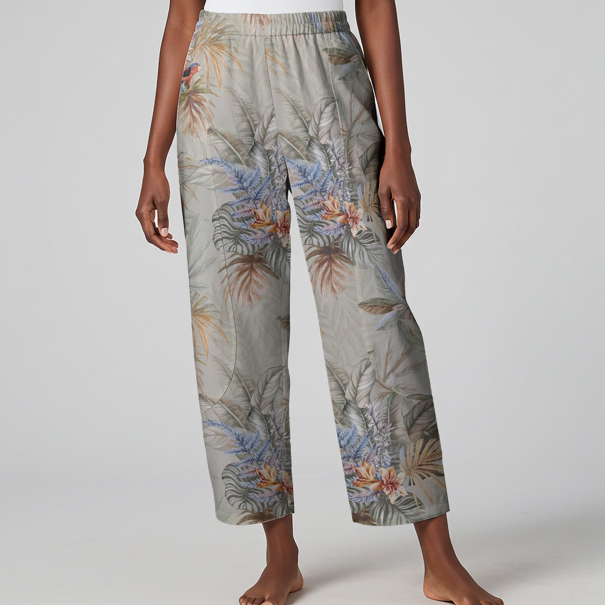 Women Casual Ankle Pants Lounge Elastic Waist with Pockets 93% Lyocell, 7% Linen Gray Aloha Tropical Paradise Scroll