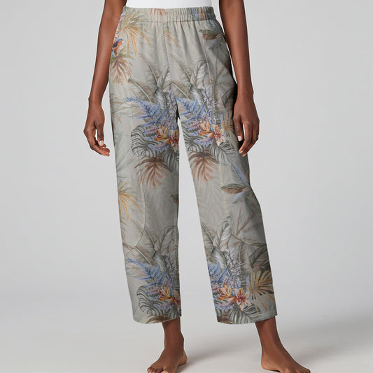 Women Casual Ankle Pants Lounge Elastic Waist with Pockets 93% Lyocell, 7% Linen Gray Aloha Tropical Paradise Scroll