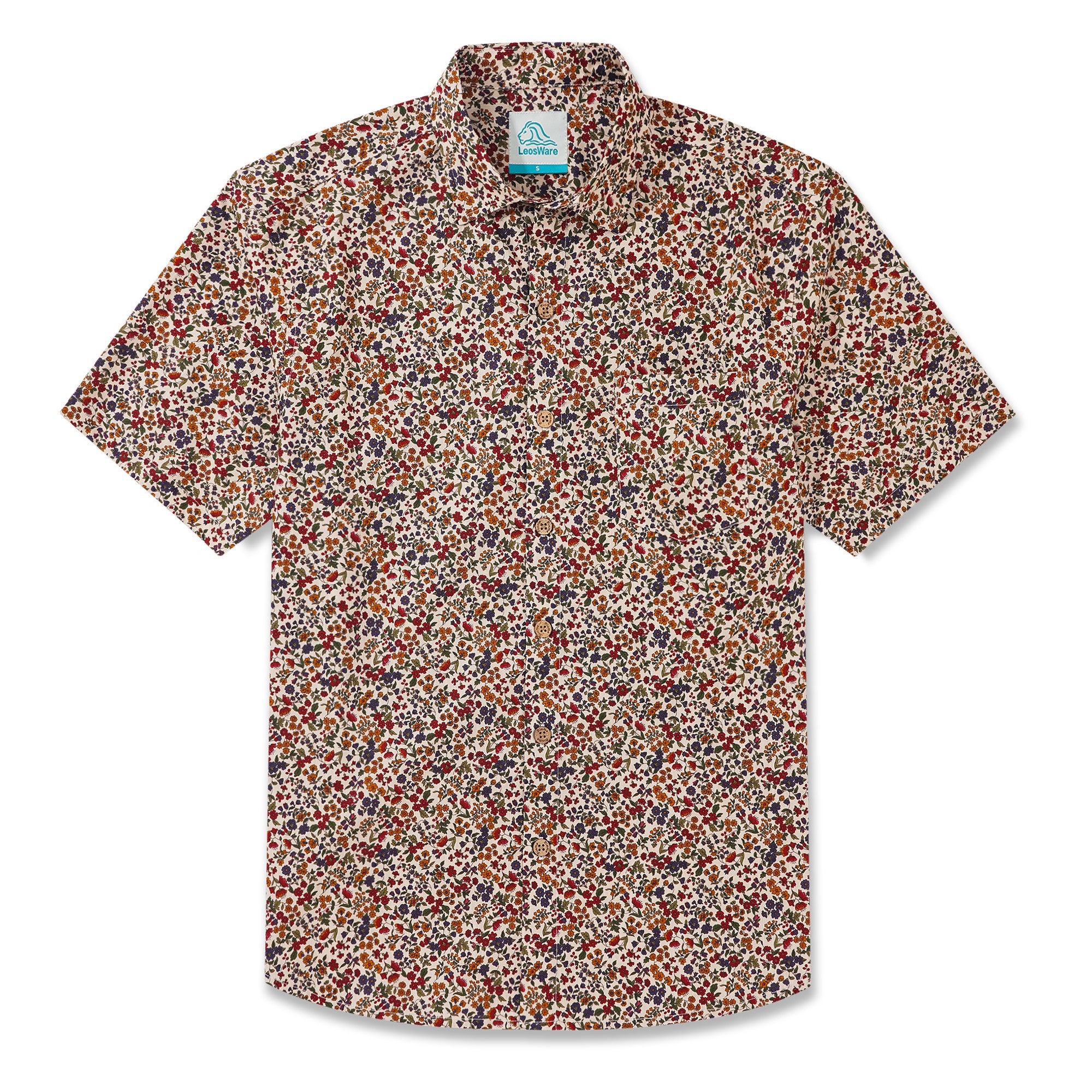 LeosWare® Men's Hawaiian Shirt Short Sleeve Button-up 100% Cotton Red Aloha Colorful Countryside Small Floral Pattern Painting