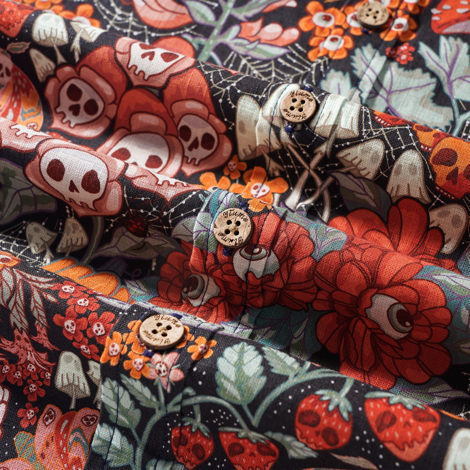 Men's Hawaiian Shirt Long Sleeve Button-down 100% Cotton Green Aloha Halloween Cottage Garden By Bienvenido Colorido