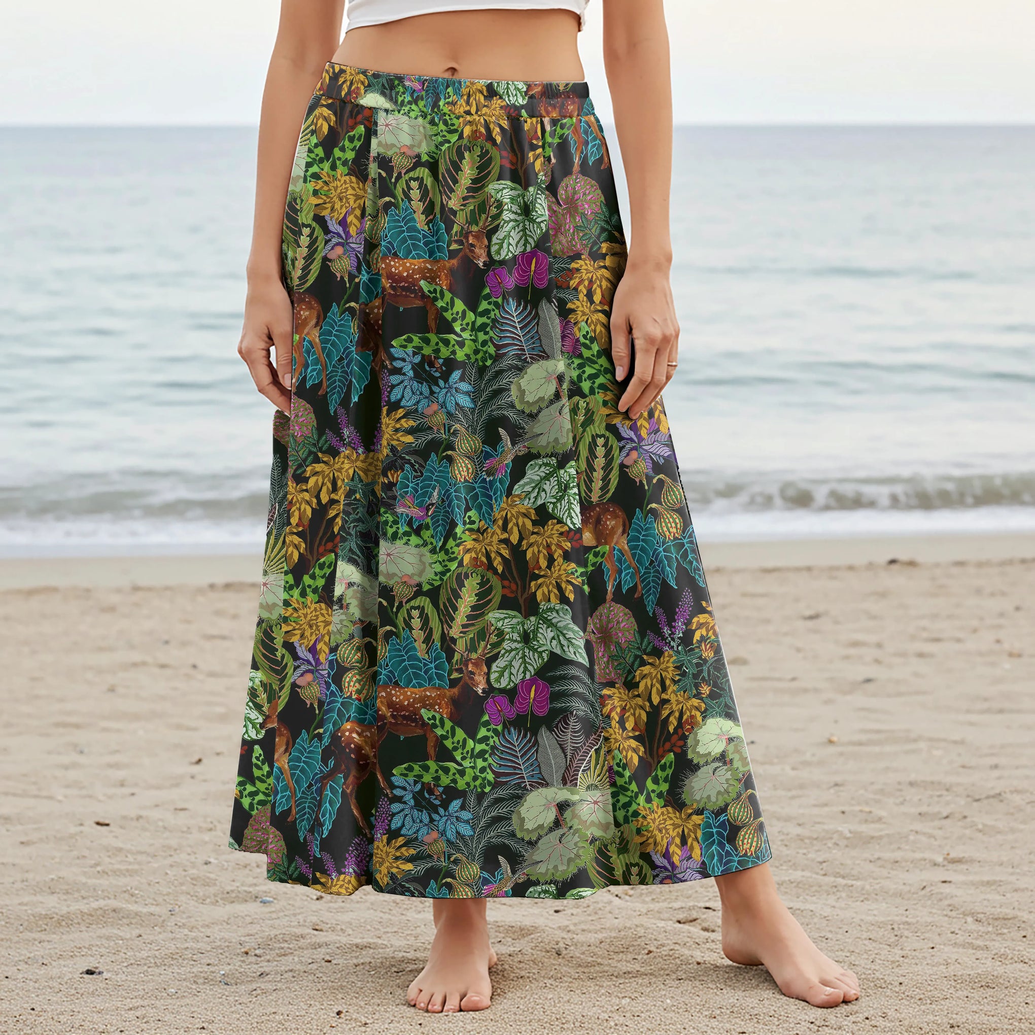 Women Casual Maxi Skirt Long Elastic Waist with Pockets 100% Cotton Green Aloha Enchanted Forest Deer