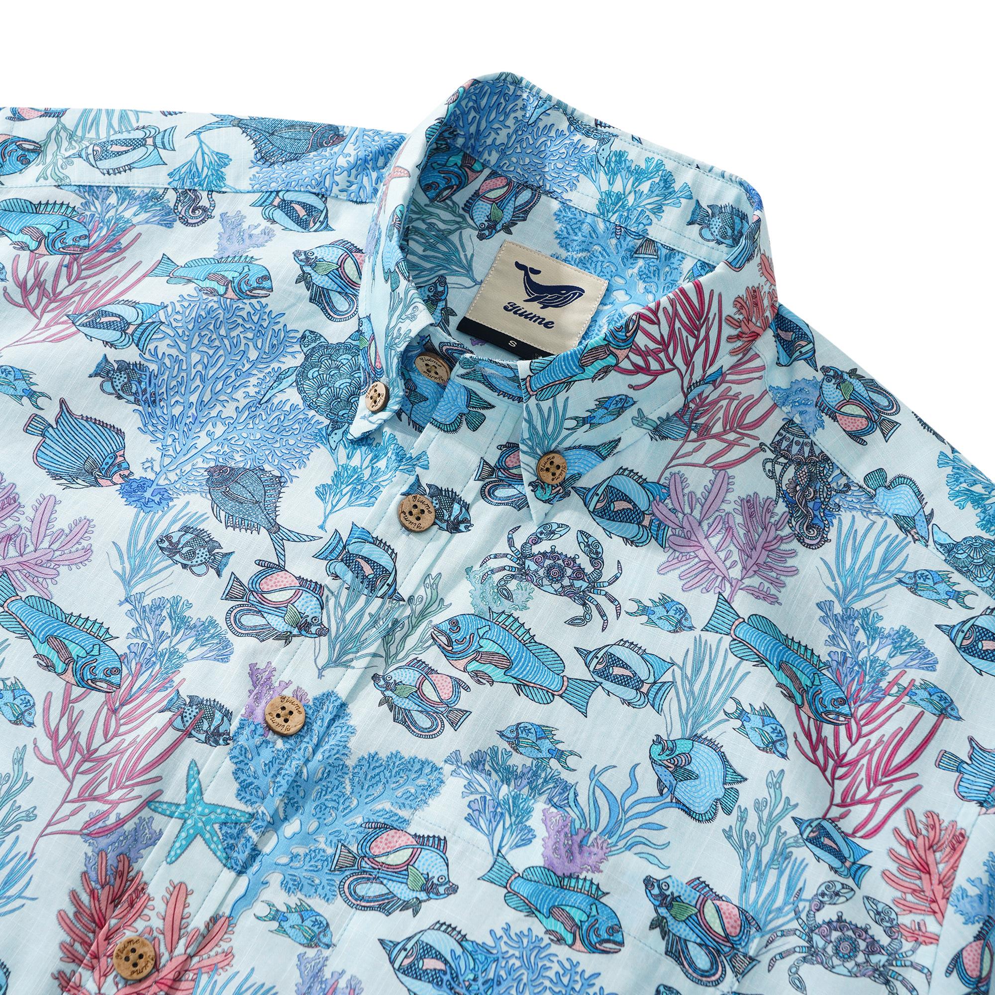 Blue Hawaiian Shirt for Men Fish Shirt à manches courtes à manches courtes 100% coton Blue balas Boho