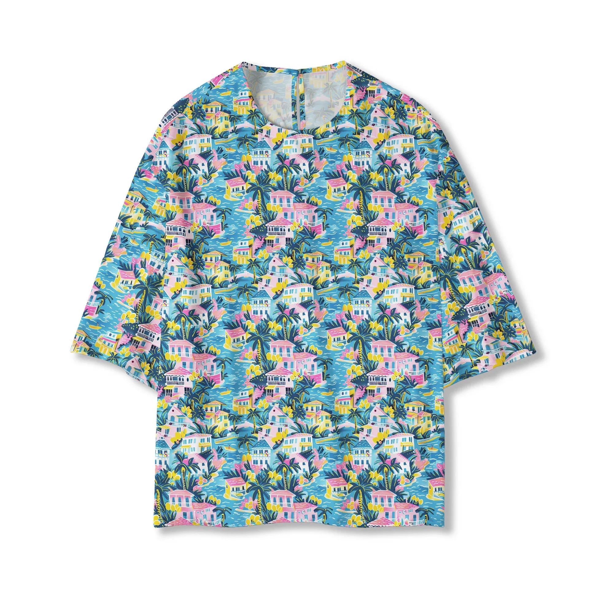 Women's blouse with tropical town print, eco-friendly lyocell