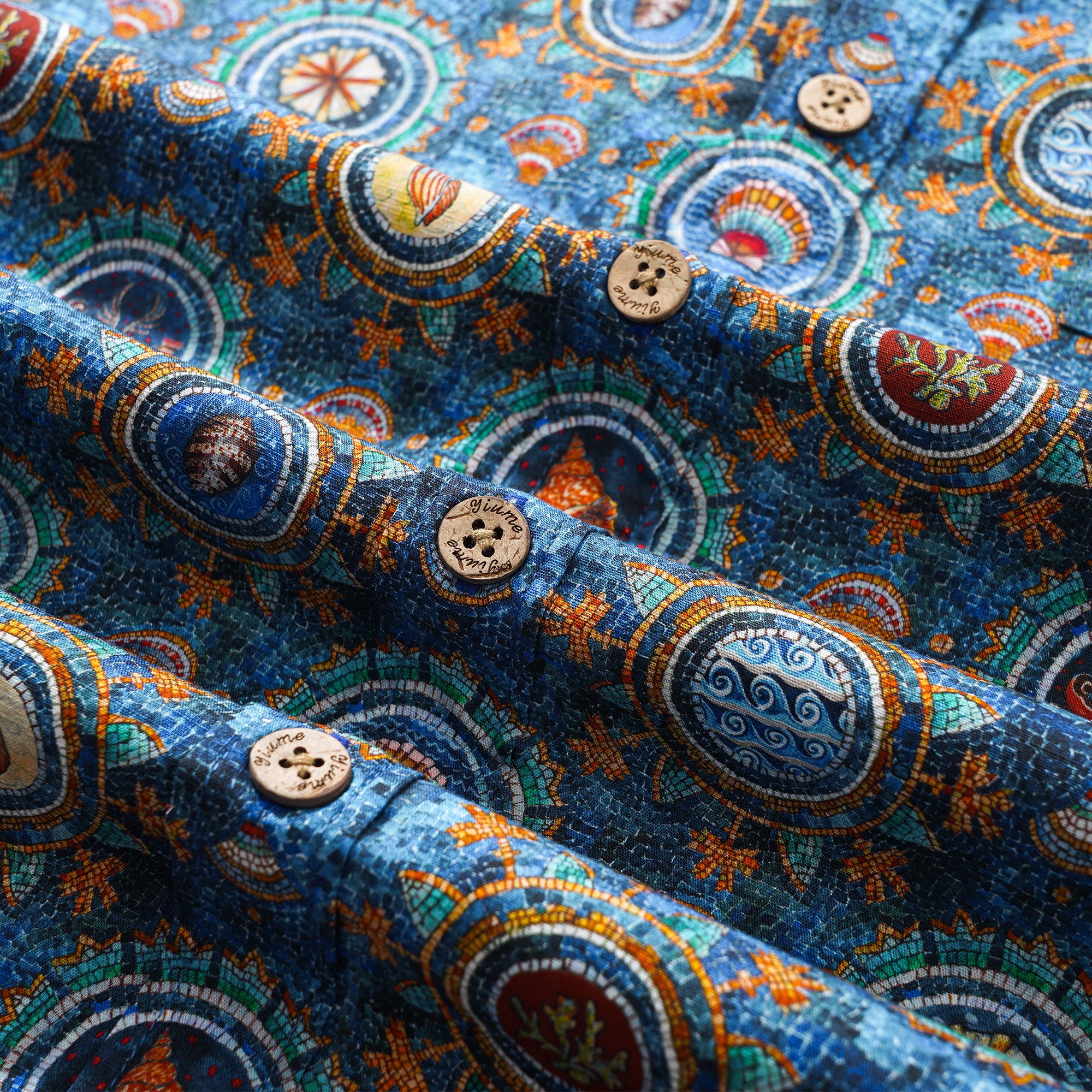 Herren-Hawaiian-Hemd Kurzärmel Button 100% Baumwollblau Aloha Shell Mosaic