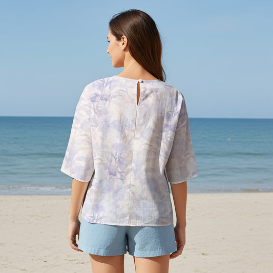 Women Casual Blouse Elbow Sleeve Round Neck Button-Back 95% Lyocell, 5% Linen Purple Aloha Soft Haze Blossom