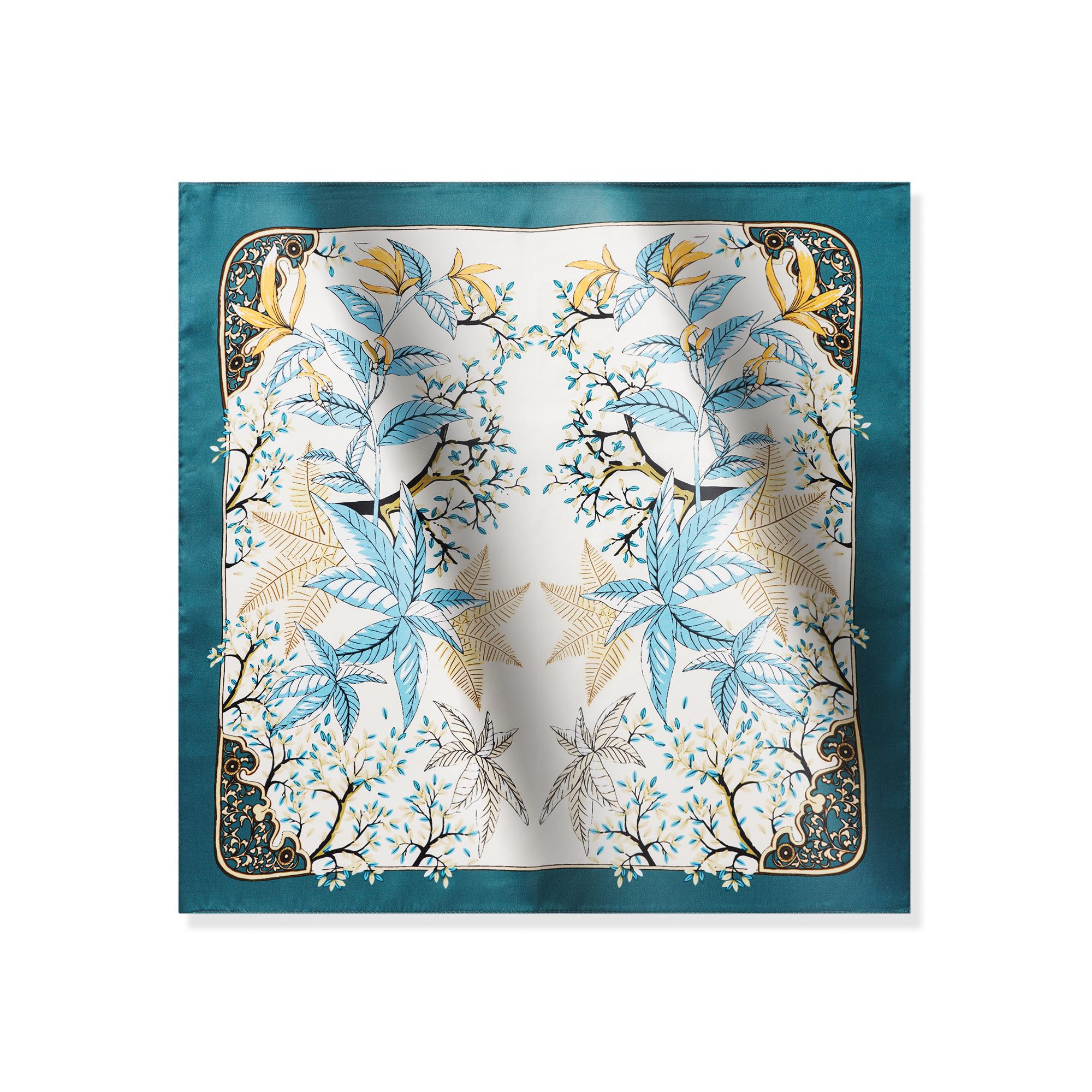 Floral Square Scarf 100% Mulberry Silk Azure Leaf Elegance Azure Leaf Elegance 100% Silk 53*53cm
