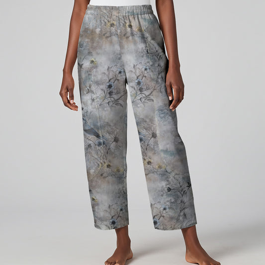 Women Casual Ankle Pants Lounge Elastic Waist with Pockets 93% Lyocell, 7% Linen Gray Aloha Floral Silhouettes And Birds In Solid Colors
