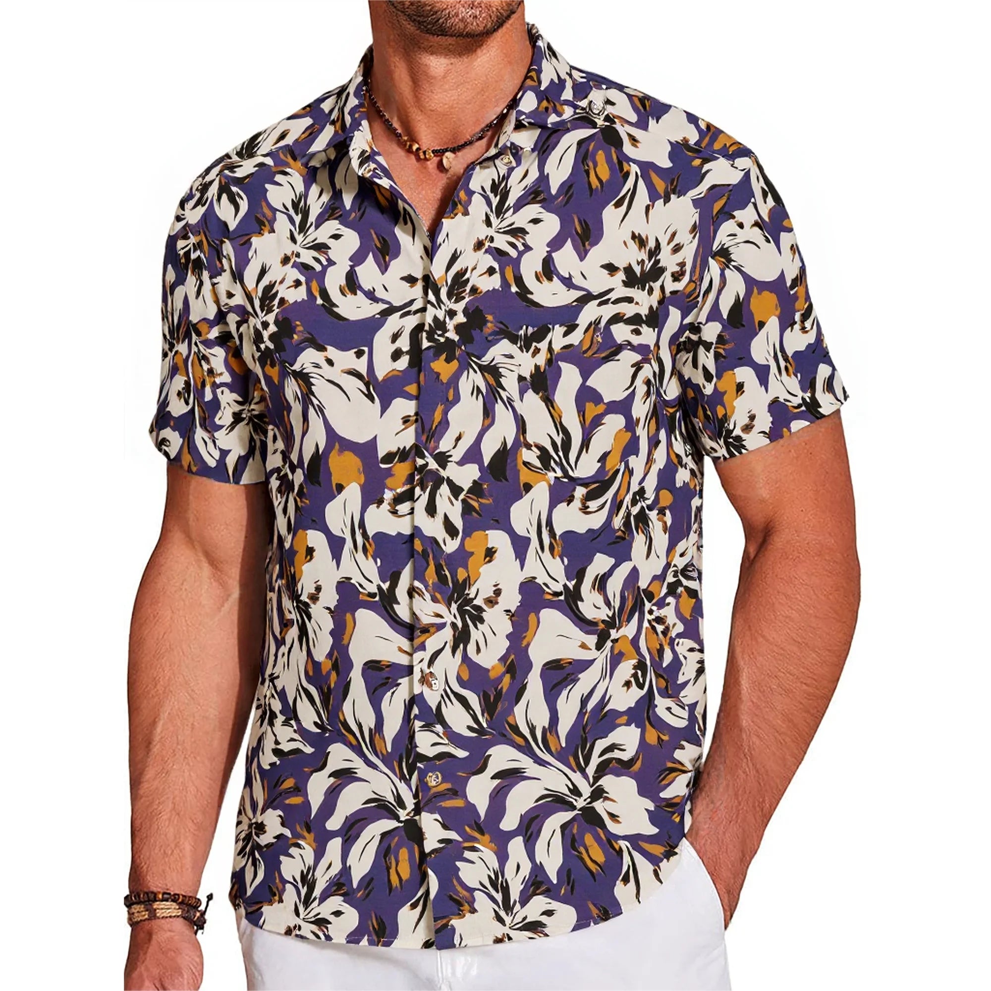 LeosWare® Men's Hawaiian Shirt Short Sleeve Button-up 100% Cotton Blue Aloha Deep Blue, Gold, And White Elegant Floral Impression