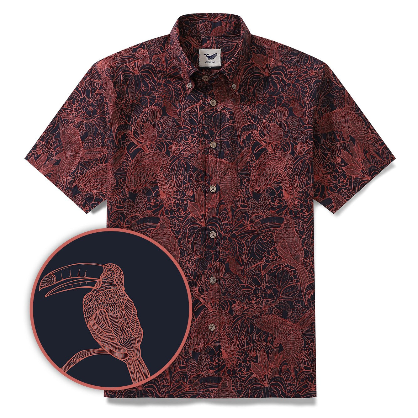 Men's Breathable Shirt Red Hawaiian Shirt Birds Print 100% Cotton Short Sleeve Button-down Shirt