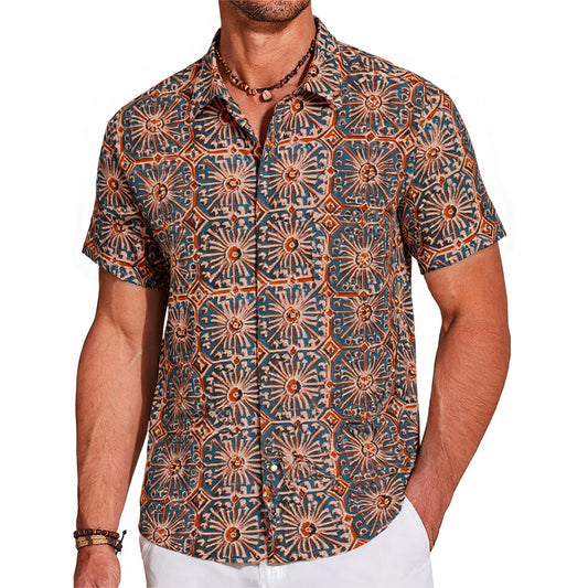 LeosWare® Men's Hawaiian Shirt Short Sleeve Button-up 100% Cotton Blue Aloha Elegant Vintage Symmetrical Pattern Art