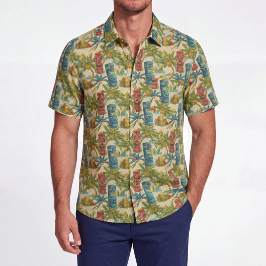 LeosWare Men's Hawaiian Shirt, button-up, tropical tiki style