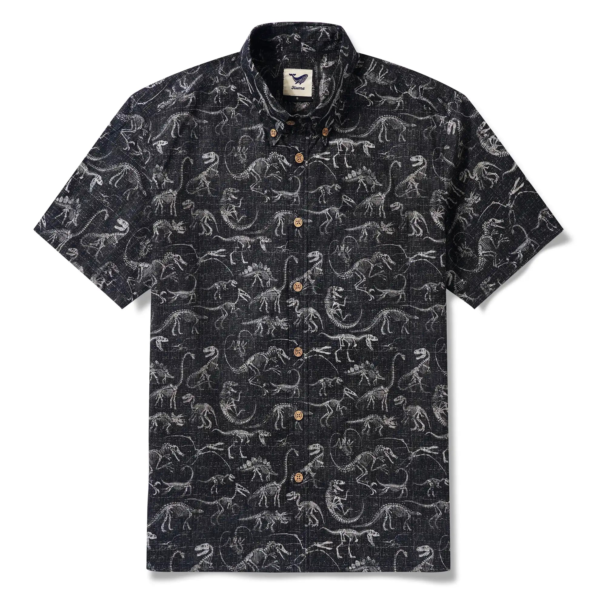 Men's Hawaiian Shirt Short Sleeve Button-down 100% Cotton Black Aloha Dinosaur Fossil Imprint