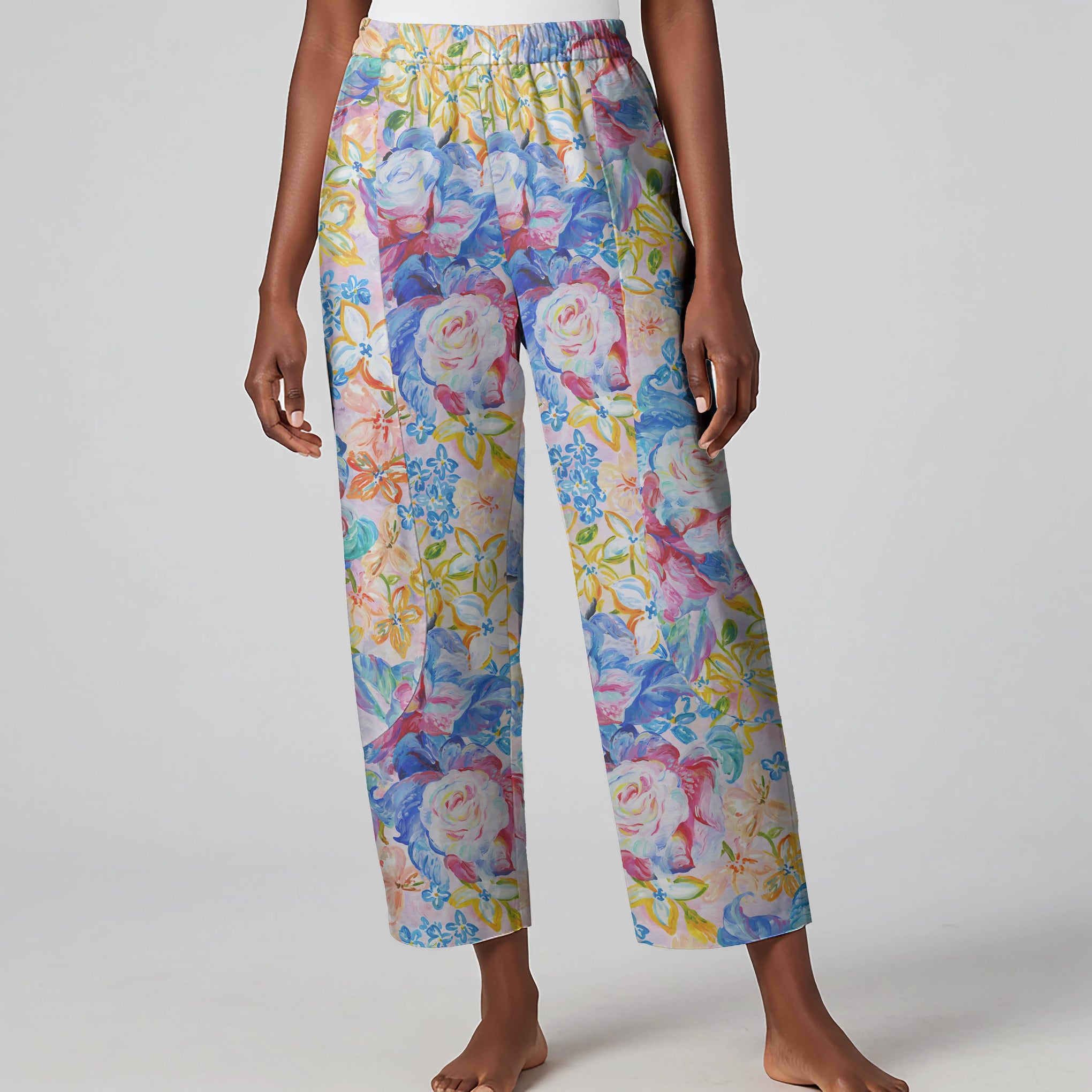 Women Casual Ankle Pants Lounge Elastic Waist with Pockets 93% Lyocell, 7% Linen Blue Aloha Artistic Floral Fantasia