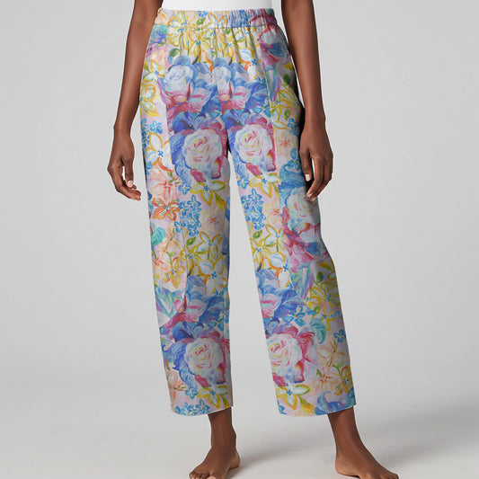 Women Casual Ankle Pants Lounge Elastic Waist with Pockets 93% Lyocell, 7% Linen Blue Aloha Artistic Floral Fantasia