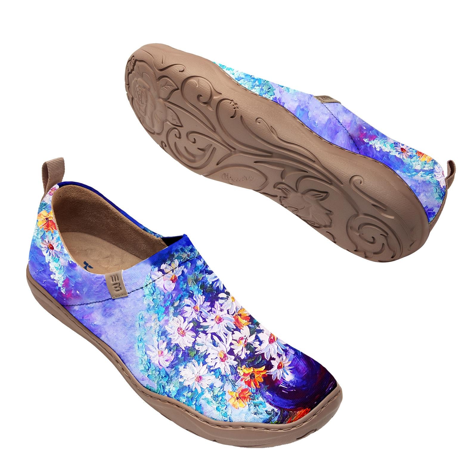 Yiume Femmes pour femmes Slip-On Casual Canvas Chaussures Bleu et Purple Huile Painting Flowers Peint, 100% Coton