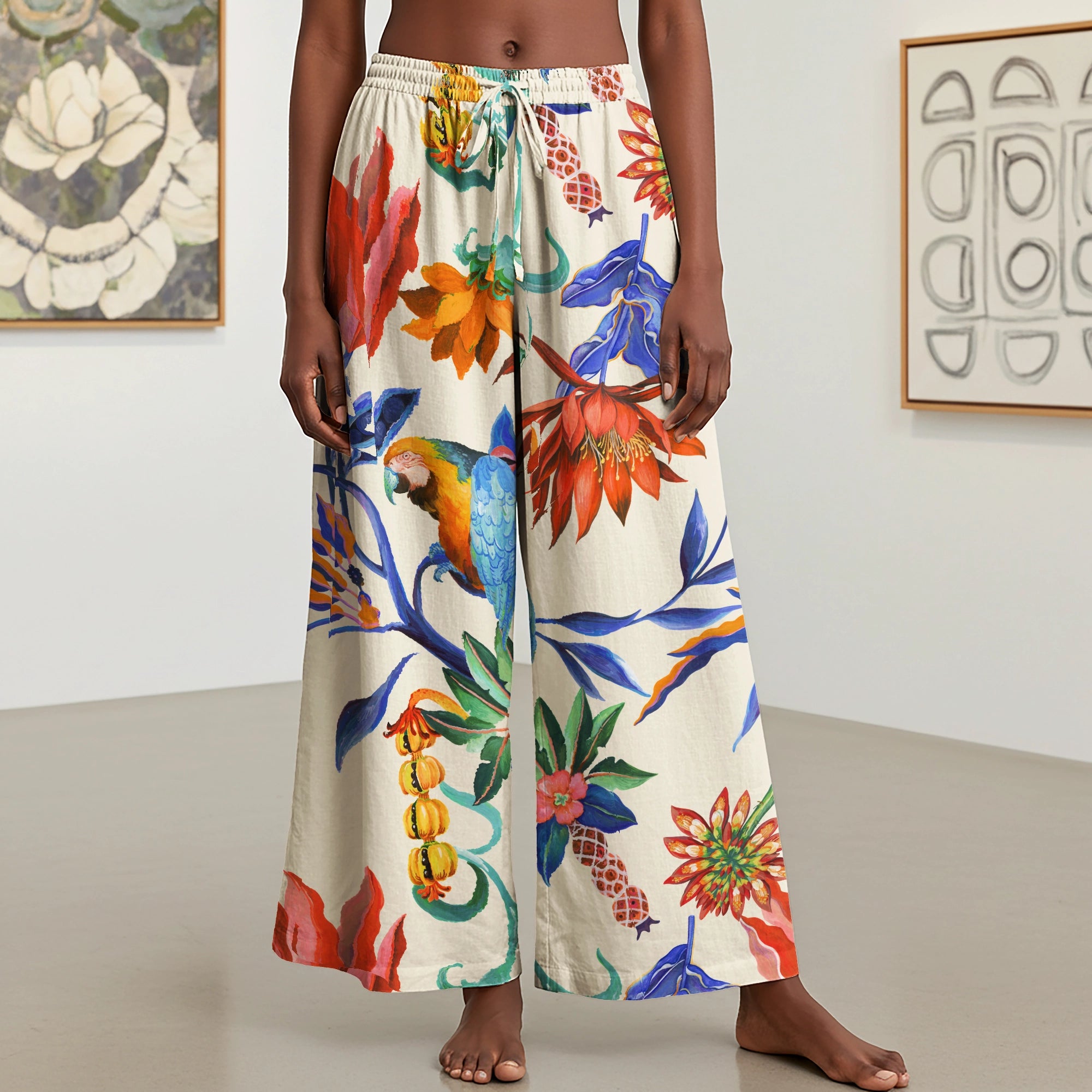 Women Casual Pants Lounge Elastic Waist Drawstring with Pockets 93% Lyocell, 7% Linen Orange Aloha Tropical Parrot Flower