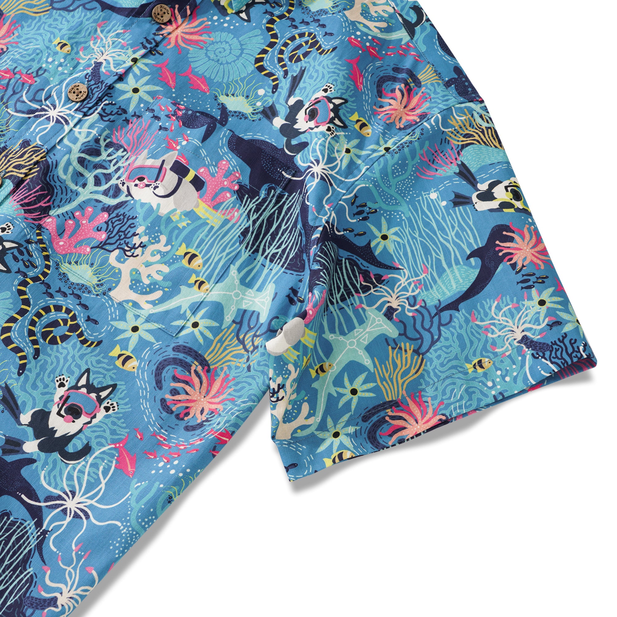 Chemise hawaïenne bleue masculine Fish & Turtle chemise à manches courtes à manches courtes 100% coton bleu aloha plongée chiot