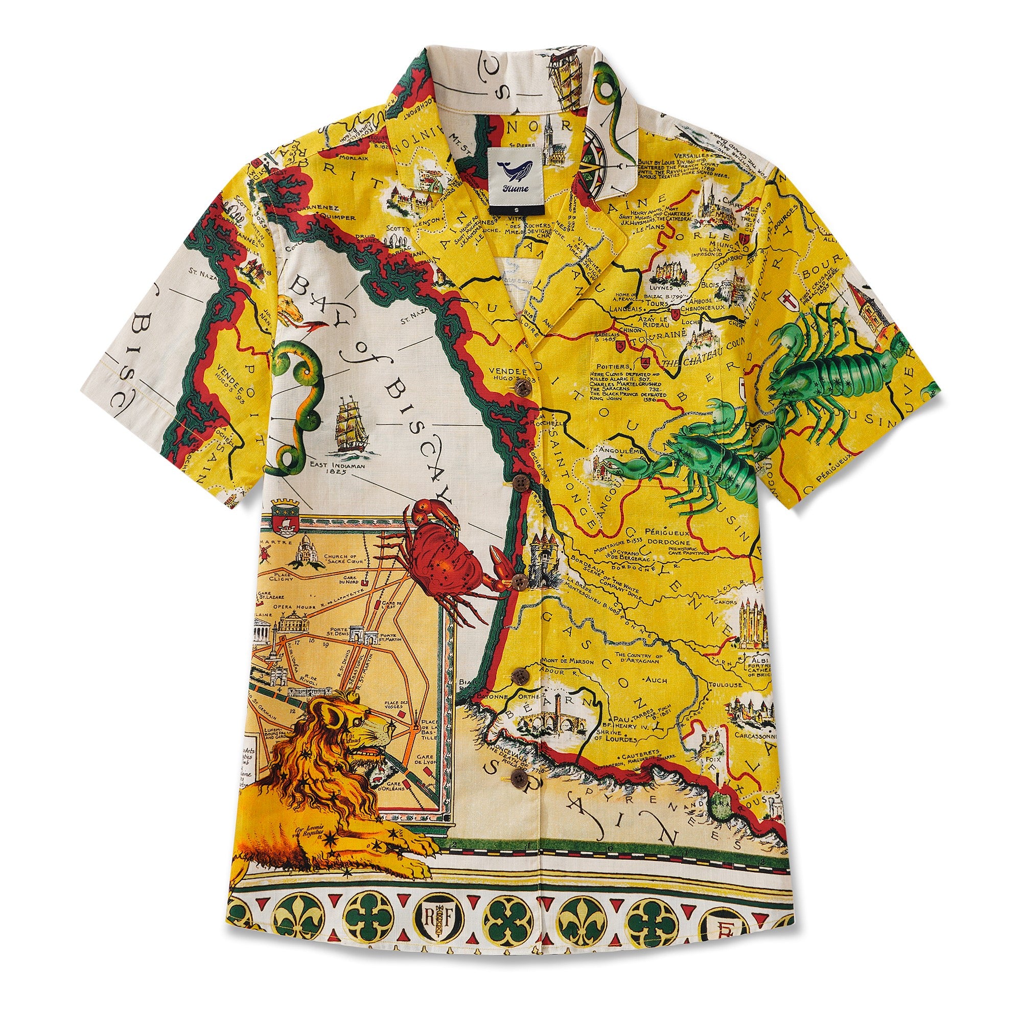 Women's Hawaiian Shirt Short Sleeve Camp Collar 100% Cotton Yellow Aloha Vintage French Map