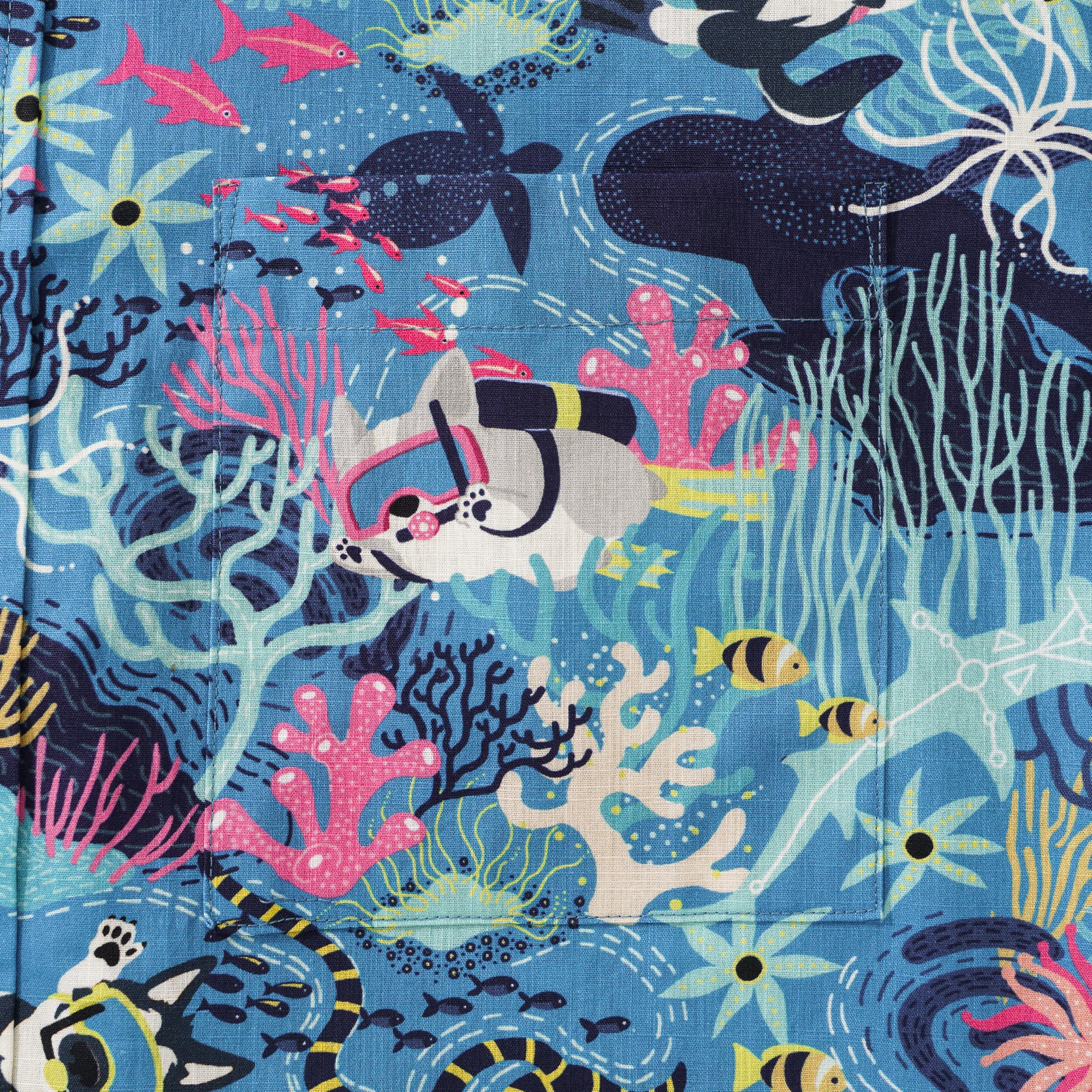 Chemise hawaïenne bleue masculine Fish & Turtle chemise à manches courtes à manches courtes 100% coton bleu aloha plongée chiot