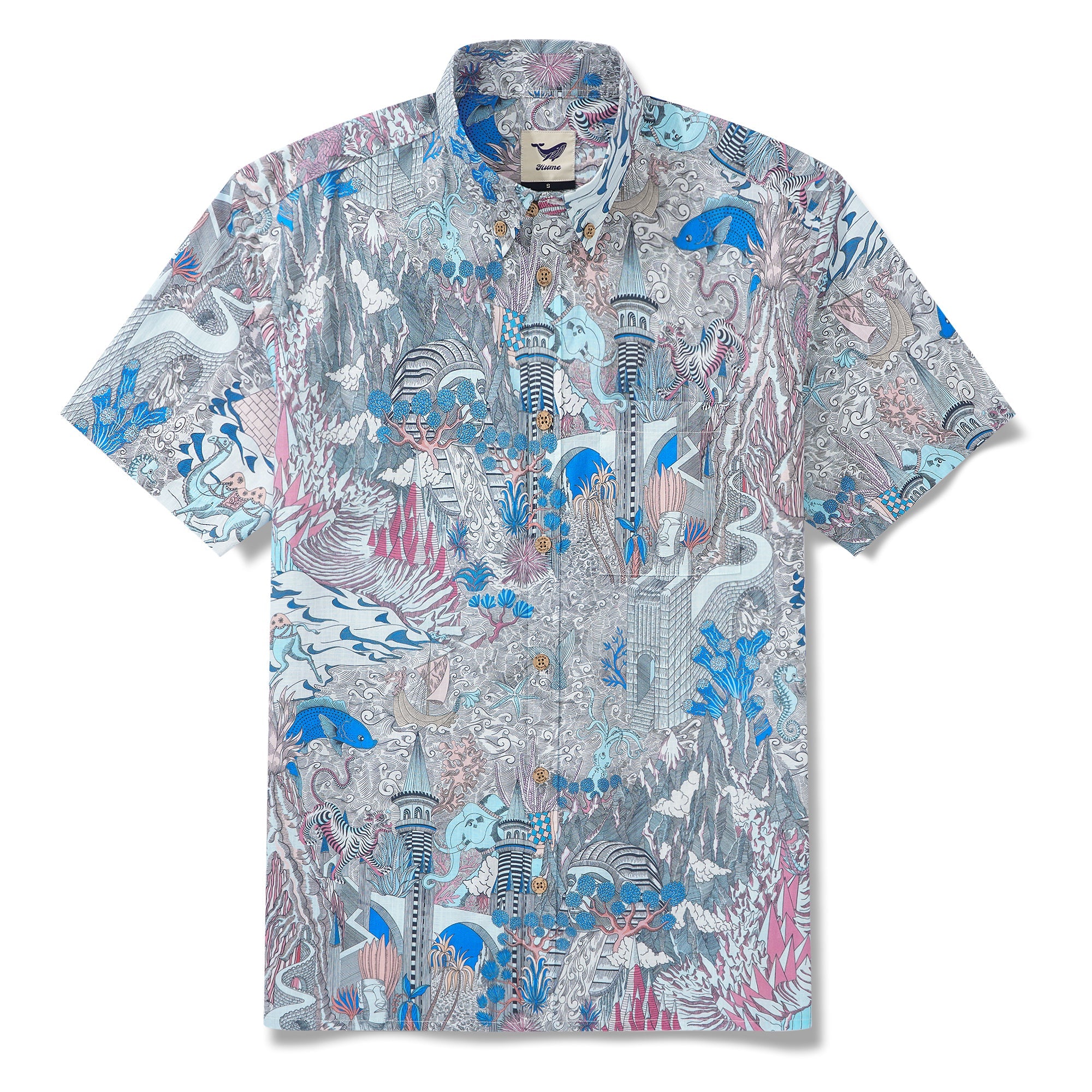 メンズアロハシャツ半袖ボタン100%コットンブルーAloha Cosmic Wonder
