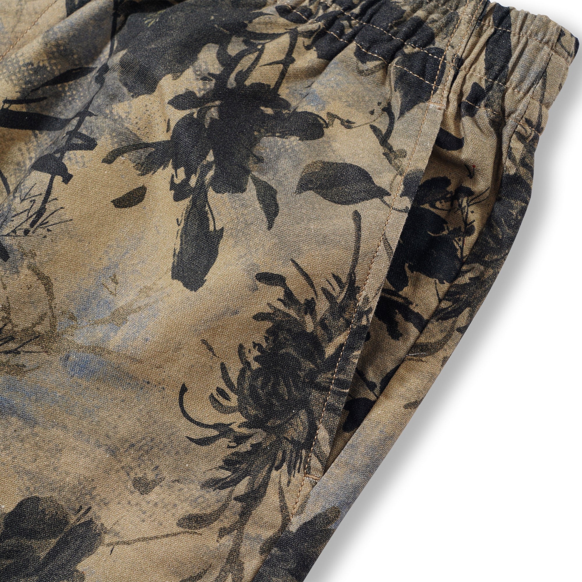 Men's Printed Floral Drawstring Shorts 100% Cotton Brown Aloha Oriental Essence