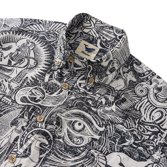 Button-down short sleeve shirt with Egyptian motifs for men