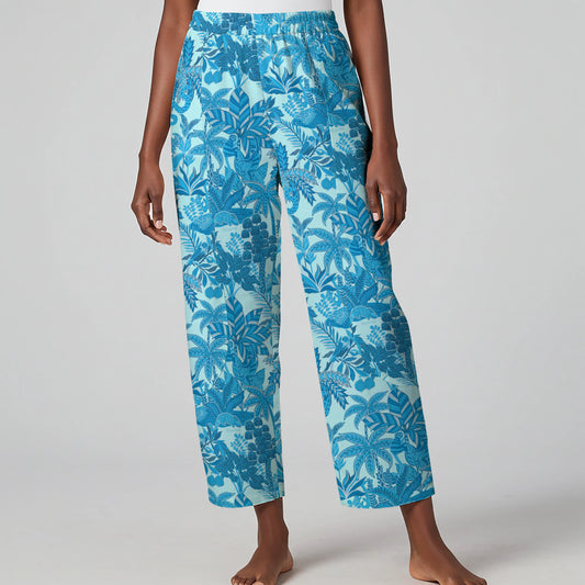 Women Casual Ankle Pants Lounge Elastic Waist with Pockets 93% Lyocell, 7% Linen Blue Aloha Jungle Paradise