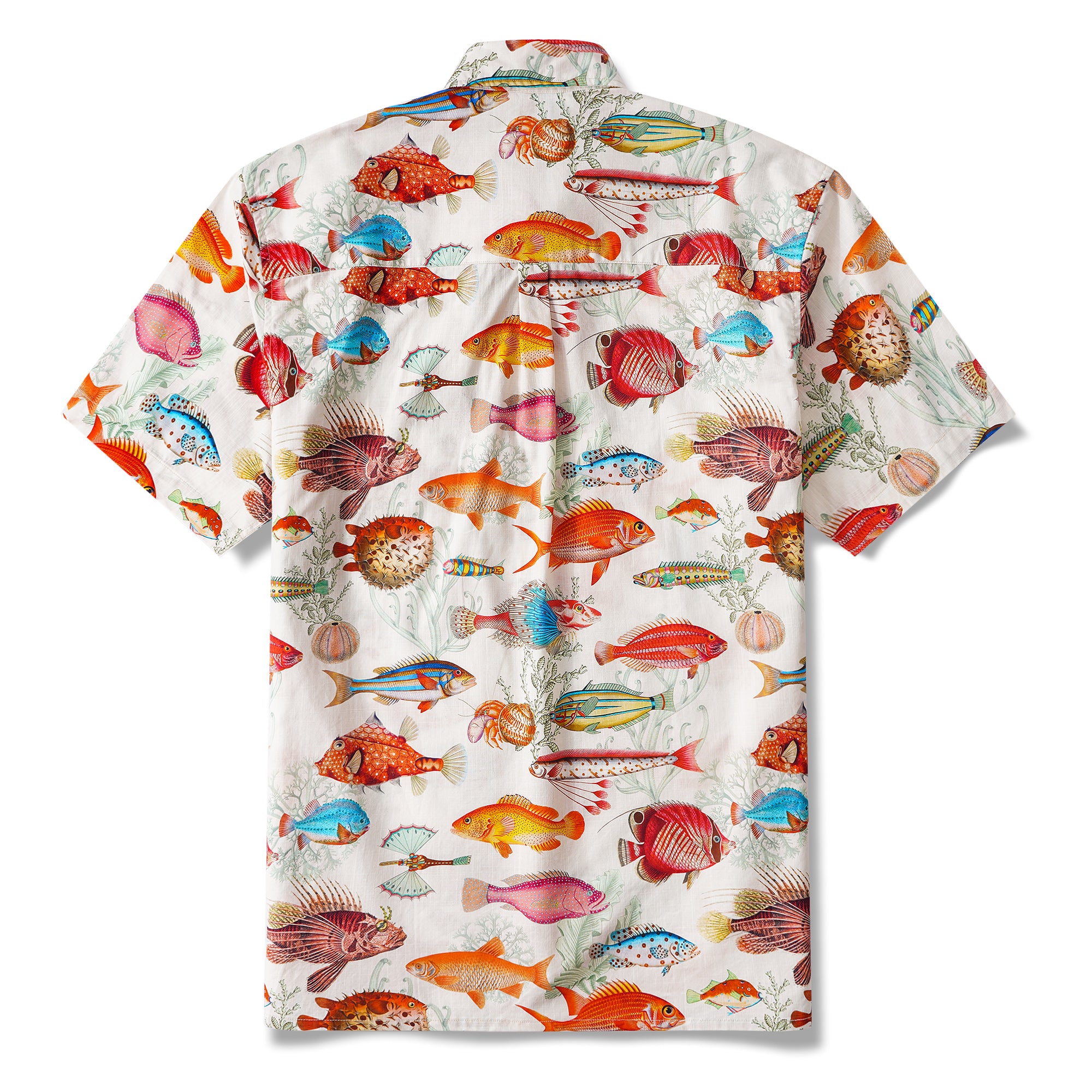 Chemise Yiume pour hommes à motif de poissons tropicaux 100 % coton, chemise hawaïenne à manches courtes, à boutons, couleur beige, chemise Aloha.
