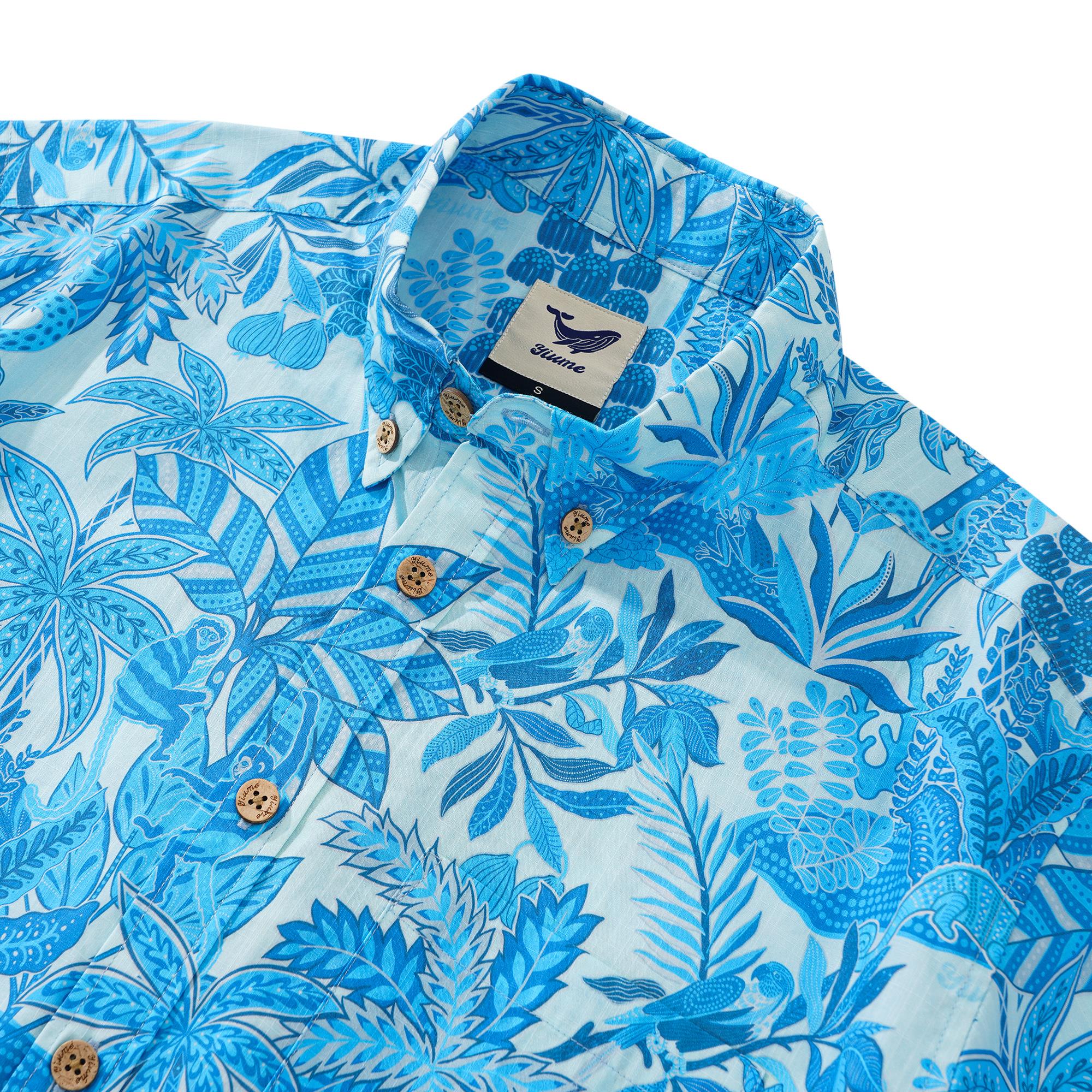 Herren-Hawaiian-Hemd Kurzärmel Button 100% Baumwollblau Aloha Jungle Paradise