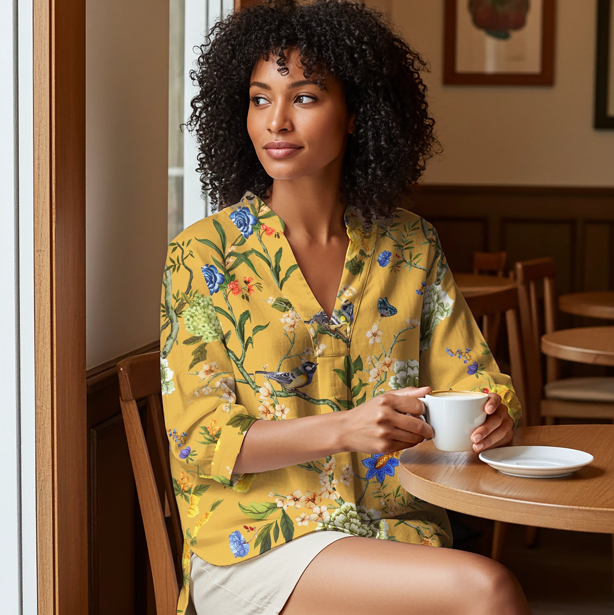 Women Casual Blouse 3/4 Sleeve V-neck Shirt Collar 95% Lyocell, 5% Linen Yellow Aloha Turmeric Courtyard Blossom