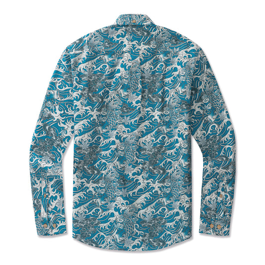 Koi-Tanz in den Wolken 100% Baumwolle Herren Aloha Hawaiian Langarm Hemd mit Knopfleiste