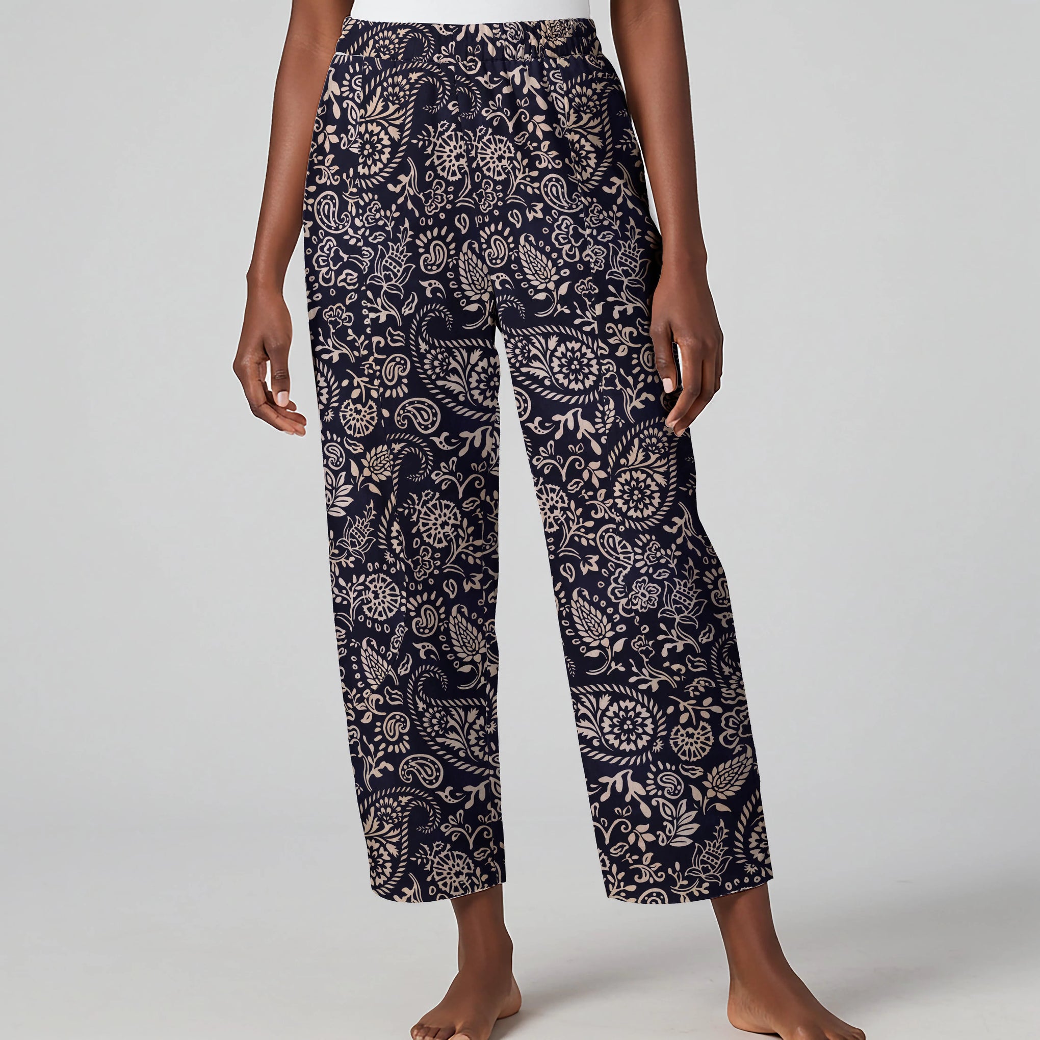 Women Casual Ankle Pants Lounge Elastic Waist with Pockets 93% Lyocell, 7% Linen Black Aloha Elegant Paisley