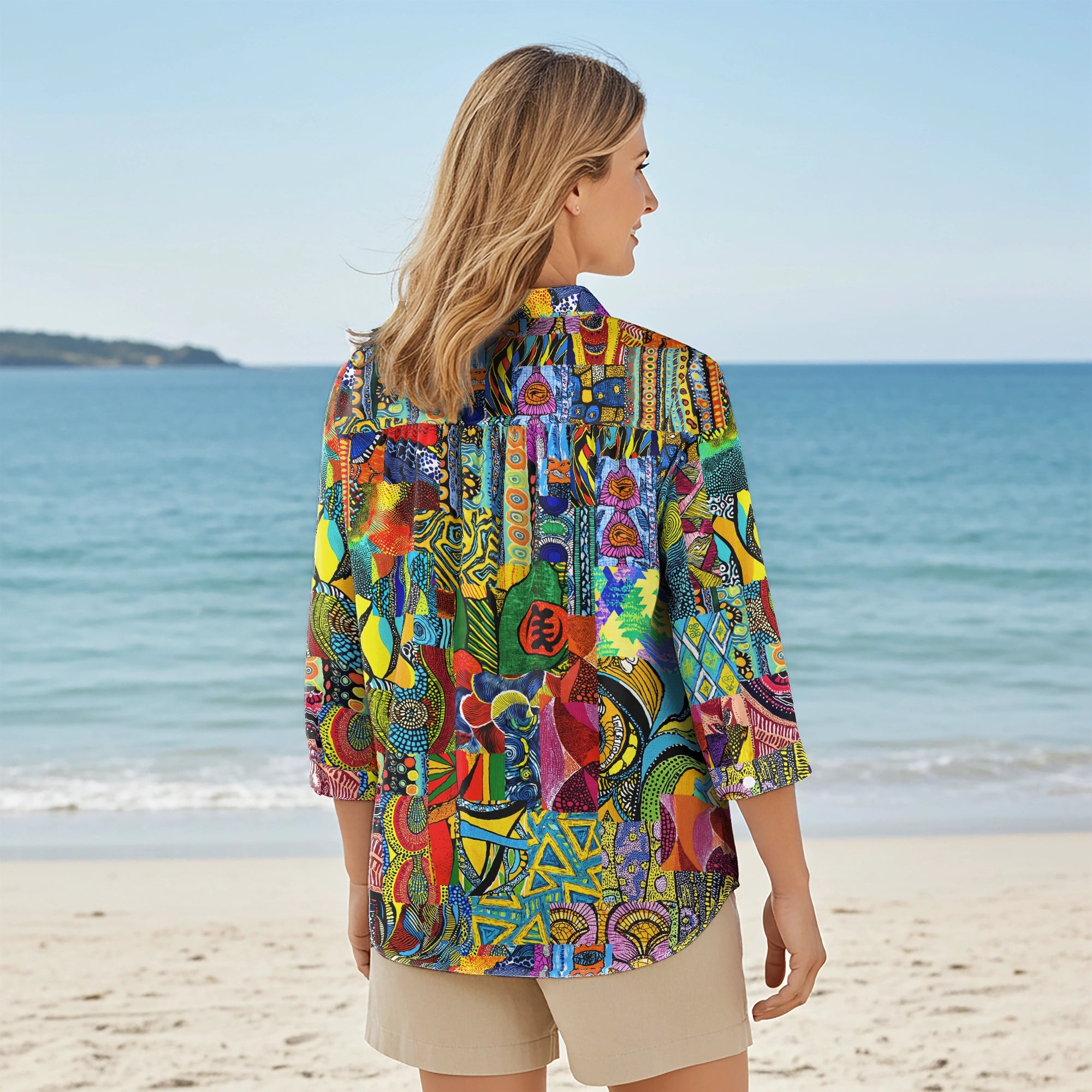 Women Casual Blouse 3/4 Sleeve V-neck Shirt Collar 100% Lyocell Green Aloha African Print Art