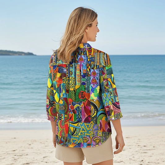 Women Casual Blouse 3/4 Sleeve V-neck Shirt Collar 100% Lyocell Green Aloha African Print Art