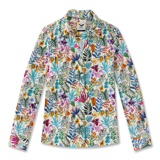 Tropisches Oasen-Nachmittagshemd 100% Baumwolle Damen Langarm V-Ausschnitt Hemd Blau Aloha Hawaiian