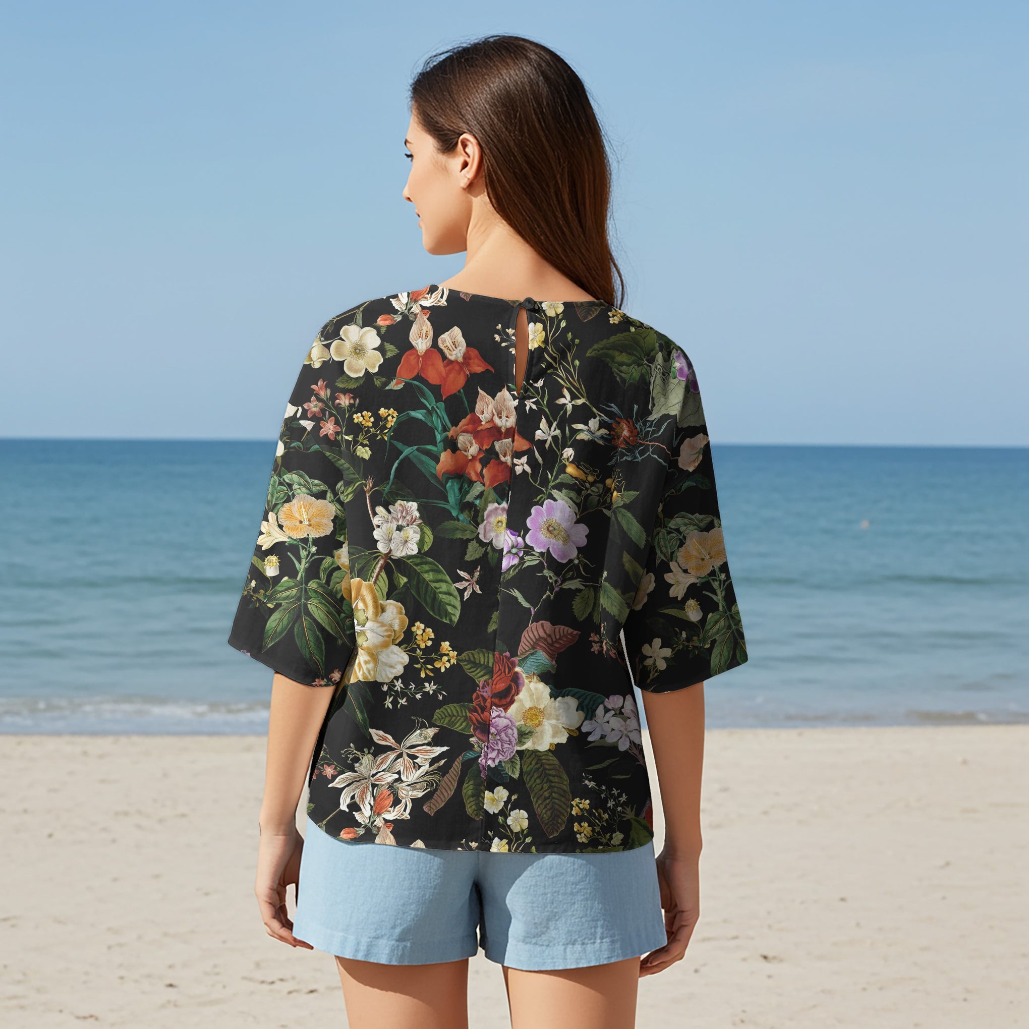 Women Casual Blouse Elbow Sleeve Round Neck Button-Back 95% Lyocell, 5% Linen Black Aloha Night Banquet Blossoms